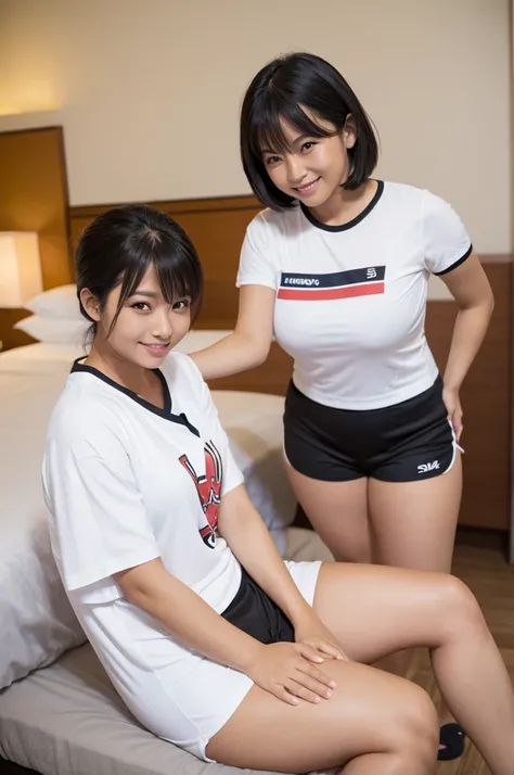 ,(tanned skin:1.3), japanese female,mascular thighs,sport jersey short pants,white t-shirt,curvy,at hotel,sandals,natural black hair,standing,smile,,(thighs focus:1.1),sitting on bed,adult body