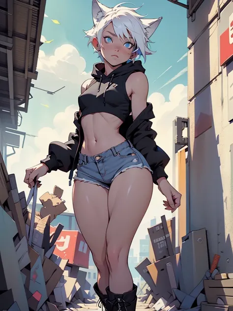 male with wolf ears, has white hair, is male, male, short, wearing fur lined cropped hoodie, wearing denim short shorts, wearing thigh high fishnets, wearing black combat boots, SOLO, ALONE, (SOLO)(ALONE), has blue eyes, (Perfect eyeasterpiece) thick thigh...