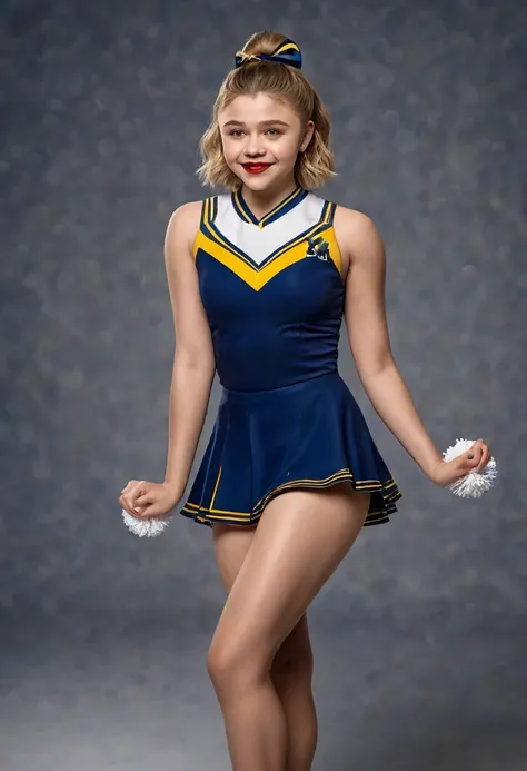 1girl, Chloe Moretz, cheerleader uniform,University of Michigan,shimmering tan pantyhose,5-inch white high-heeled pumps,holding pompoms,posing for a studio photo shoot,red lipstick,hair in a bun,wide-angle lens,full-length portrait,9:16 aspect ratio,(best ...