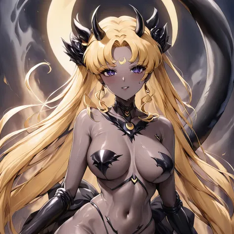 ((Highest quality)), ((masterpiece)), (detailed), （Perfect Face）、The woman is the bride of the Demon King, the Dark Queen of the Black Moon of the Black Moon Clan, the Demon Queen Devil Serenity, and the woman is a naked, jet-black, sexy female demon, Devi...