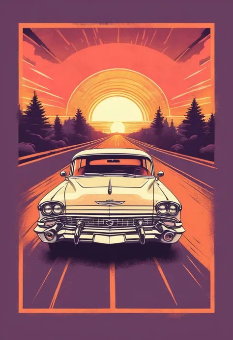 retro_tshirt a vintage car driving down a road with a sunset in the background, flat, frame,( square:1.1), (white outline:1.2)