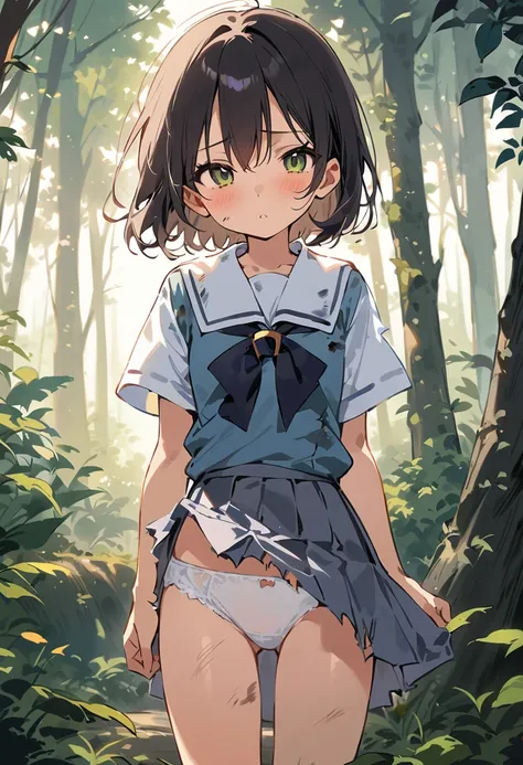 beautiful detailed girl,(masterpiece,best quality,extremely detailed:1.2),((cowboy shot:1.1)),(solo,10 years old,kawaii,slender,small breasts:1.25),(pained look:0.8),((white underwear) in ((Torn school uniform)):2),(dirty:2),blush,shy,weep,standing,(deep f...