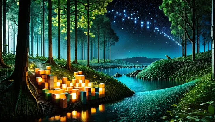 an enchanted forest made up of ral-3d cubes, there are lots of small lizards,surrounded by the fantastic light of fireflies,ther...