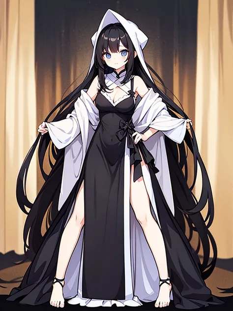 Full-body portrait、Are standing、Adult women、Black Hair、Untidy hair、Messy hair、Thick Hair、Very long hair、Long Hair、A thin, revealing black curtain dress