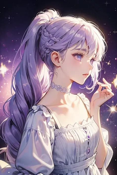 She is white girl kitten with pale lavender eyes and - like her owners - braided sparkly purple hair in a pony tail. She also wears a small silver collar/choker. SPARKLE; GLITTER