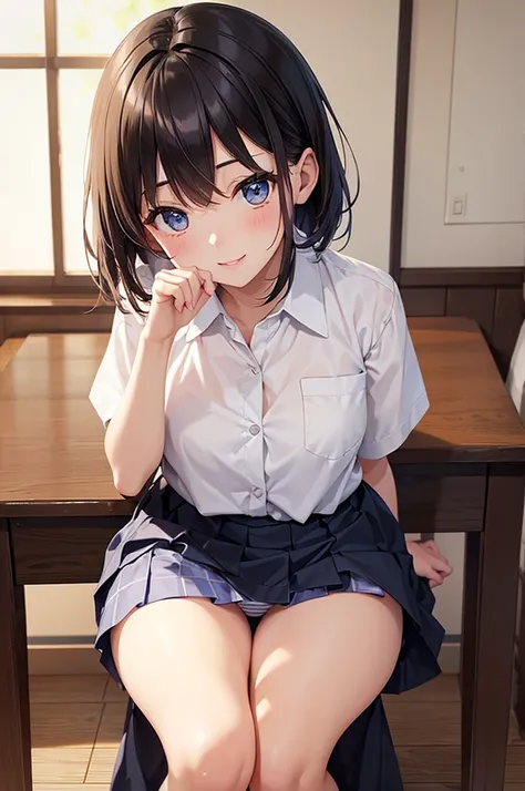 (Browsing Caution:0.99)、beautiful girl, (Roll up your skirt), Looking into the camera, Angle from below, Short skirt, Squat, A shy smile,  Beautiful Skin, ((Highest quality, 16K, Tabletop: 1.3)), 1 Girl, The light shines on your face, Highly detailed face,...