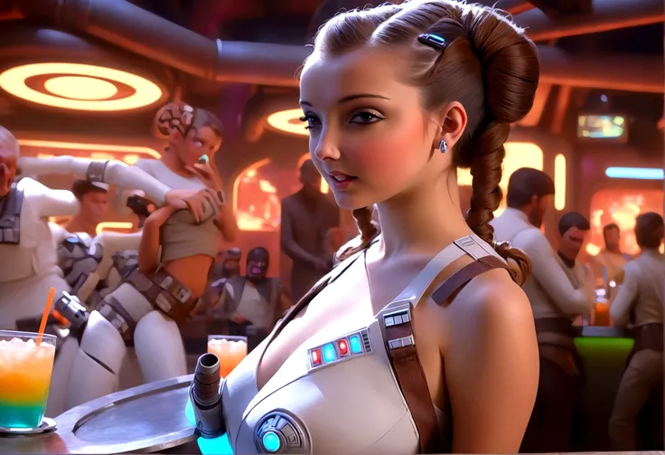 A cute woman in a sci-fi waitress outfit, deep neckline, mini skirt, working at a Star Wars cantina, serving drinks to wild and rowdy aliens, photorealistic, masterpiece, 8k, highly detailed, cinematic lighting, vibrant colors, dynamic composition, dramati...