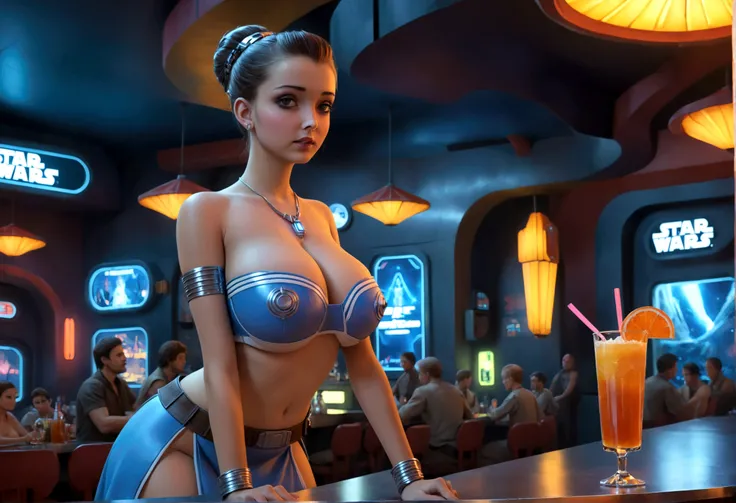 A cute woman in a sci-fi waitress outfit, deep neckline, mini skirt, working at a Star Wars cantina, serving drinks to wild and rowdy aliens, photorealistic, masterpiece, 8k, highly detailed, cinematic lighting, vibrant colors, dynamic composition, dramati...