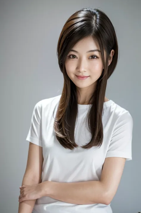 Japanese women, 40s, White background, simple背景,Long Hair、White-brown hair, Slender, 4K, 8K, High quality, Beauty products, EyesBeautiful Eyes, simple, It is high resolution.,1 person,Beautiful Skin,Beautiful Skin、Natural smile、Short sleeve、Wearing a white...