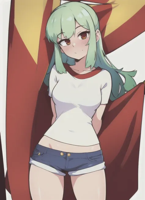 1girl, standing, blush, looking_at_viewer, shiny_skin, white_background, solo, head_tilt, arms_behind_back,  cowboy_shot, pale, white_skin, green_hair, bandaeu, jean_shorts, 
