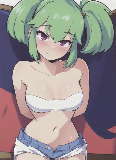 1girl, standing, blush, looking_at_viewer, shiny_skin, white_background, solo, head_tilt, arms_behind_back,  cowboy_shot, pale, white_skin, green_hair, bandaeu, jean_shorts, 
