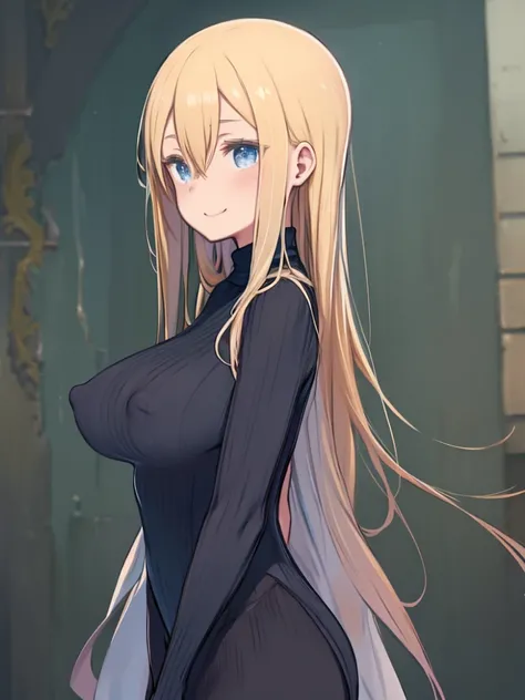 One Girl、Blonde Hair、long hair、Hair between the eyes、Big Breasts、Huge breasts、Blue Eyes、(Green turtleneck rip-off sweater)、Clothes with body lines、Erect nipples、bulging large areola、White Cape、Upper Body、night、Standing in the backstreets of Türkiye、Back Ag...