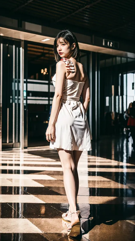 A beautiful European lady, arched back,Mini bandeau dress for summer, bokeh, Japanese subway station, glass of wine on floor, realistic, professional photoshoot ,Medium bust, large hips, thick thighs, long legs