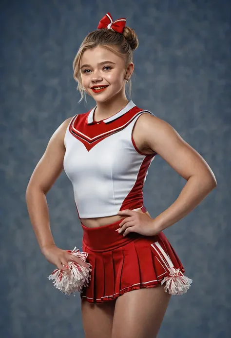 1girl, Chloe Moretz, full length portrait, cheerleader uniform, University of Michigan, shimmering tan pantyhose, 5-inch white high-heeled pumps, pompoms, studio photo shoot, red lipstick, hair in bun, wide-angle lens, 9:16 aspect ratio, cinematic lighting...