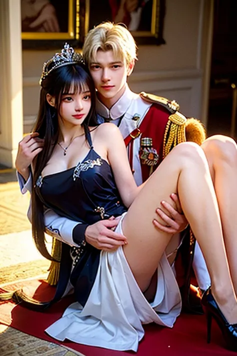 A display of arrogant beauty，Sexy，Queen, Wear cool and revealing clothes, Raise your left foot。A handsome officer embraced the Queen from behind，Hold the Queen tightly in your arms，Belly close to the queen&#39;Boat，Full of persistence，Manic。The Queen&#39;s...