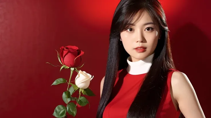 (a red rose),((red background)),(detailed face),VIVID,pretty,sleeveless and turtle neck white silky clothes,4k ,super high resolution ,(photo-realistic: 1.7),black long hair,