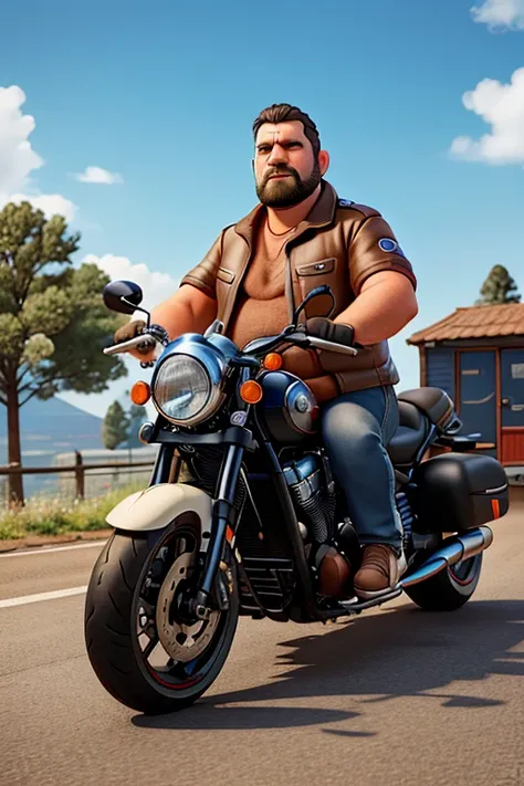 biker,European appearance, man, 40 years, slightly overweight, thoughtful face,Sitting on a motorcycle