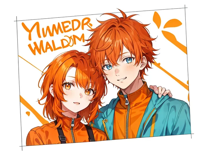 1 boy, 24 years old, messy hair, orange hair, medium hair, jumpsuit, 1 girl, 24 years old,