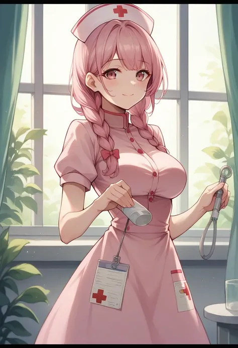 1girl, solo, long hair, breasts, looking at viewer, blush, smile, bangs, hat, dress, bow, holding, closed mouth, pink hair, braid, short sleeves, hair bow, sidelocks, indoors, pink eyes, twin braids, window, letterboxed, pink dress, nurse cap, nurse