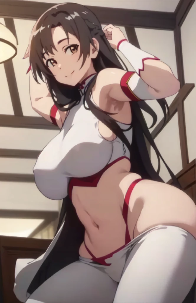 Woman 37 years old Cosplay as Yuki Asuna, KizukiAi, black hair , Brown eyes, huge breasts, long hair, Hair, big ass , very tight catbo thong, White gloves, white uniform, White boots, Red dress, Red Belts, big breasts,navel, split, mini skirt, from below, ...