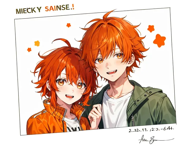 1 boy, 24 years old, messy hair, orange hair, medium hair, jacket, 1 girl, 24 years old,