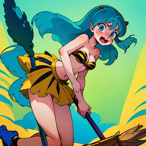 score_9, score_8_up, score_7_up, score_6_up, source_anime, lum, 1girl, solo, long hair, bangs, blue hair, blue eyes, horns, pointy ears, aqua hair, oni horns, eyeshadow, navel, cleavage, swimsuit, bikini, strapless, animal print, yellow bikini, tiger print...