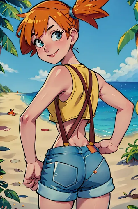 ((masterpiece,best quality)), absurdres,
Misty_Pokemon, yellow crop top, suspenders, side ponytail, orange hair, denim shorts, 
solo, smiling, blushing, looking at viewer, cowboy shot, from behind, 
cinematic composition, contrapposto, 
tropical beach,