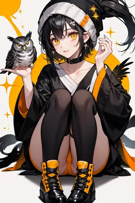 Yin Hoot is a black girl owl with black hair with a white strand, yellow eyes, and an orange beak and feet. She wears black shoes, a black beanie with two white stripes, and a black collar with several silver studs. SPARKLE; GLITTER