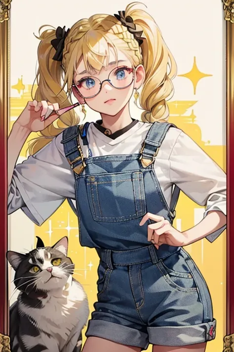 Shorty Kitty is a gray and white girl cat ( with darker gray stripes. She has yellow hair tied into braided pigtails just like her owners and blue eyes. She wears blue short overalls and maroon framed sunglasses with red lenses and gold chain at the top. S...