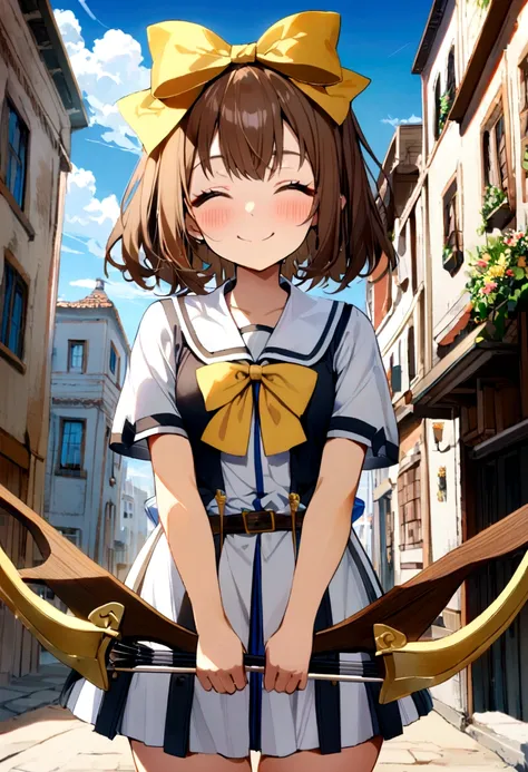 1 girl, alone, broad, blush, smile, brown hair, bow, two tails, closed eyes, weapon, short sleeves, hair bow, sky, day, blue sky...