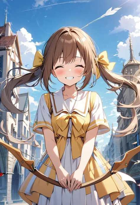 1 girl, alone, broad, blush, smile, brown hair, bow, two tails, closed eyes, weapon, short sleeves, hair bow, sky, day, blue sky...