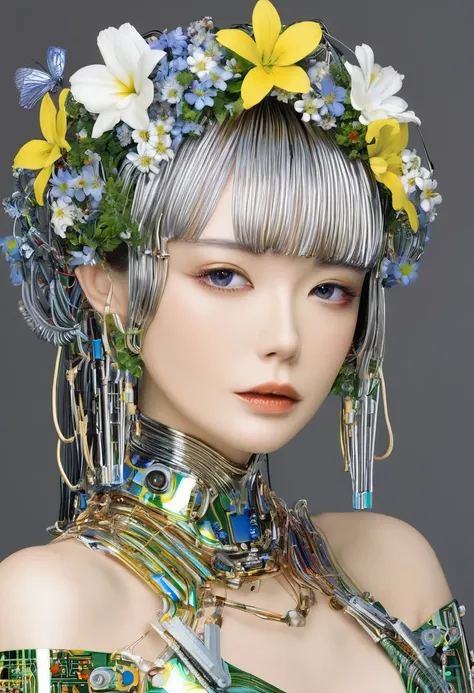 portrait of beautiful lady with flower crown and electronic circuit dress , all with the style of hajime sorayama.