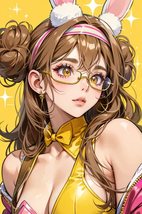 Bunny Champ is a tan girl rabbit. She has brown hair in two buns, a fuzzy yellow headband, yellow glasses and pink eye shadow. SPARKLE; GLITTER