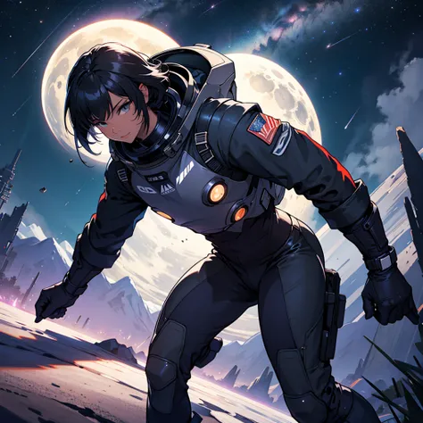 , night time ,  sexy space suit, eclipse in the sky , landscape