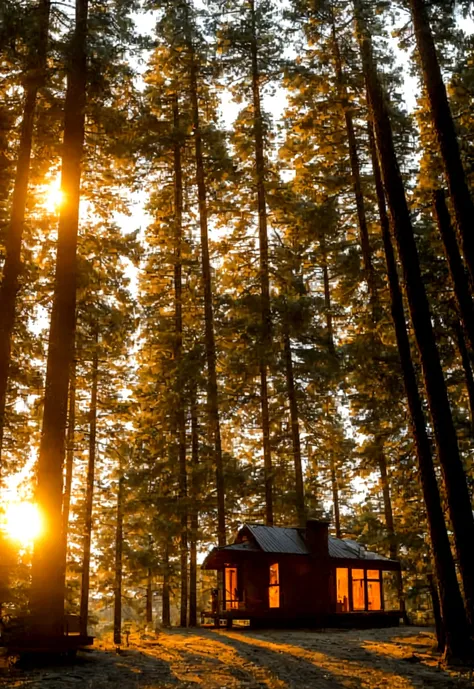 A sunrise in a pine forest, in a rainy day, with an old library style cabin in the middle of the forest, with a smoking fireplace and a cozy color for the heat it emanates. 