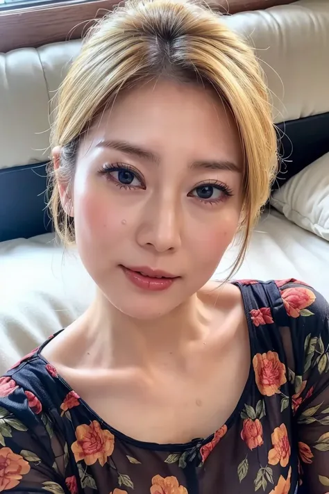 (Realistic:1.3、Ultra HD、Ultra-high resolution、8K、Female Japanese Housewife、寝室でBlowjobチオをするMature Woman:1.5、At the bed)、((Look Viewer:1.8))、(Extremely realistic skin texture:1.4)、(Realistic:1.3)、short hair、((Embarrassed expression:1.5))、(blonde:1.5)、48-year...