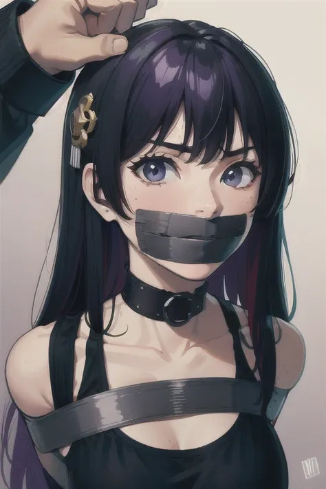 masterpiece, (best quality), perfect eyes, bound, bondage, (arms behind back:1.4), bdsm, tape gag, tape, tape bondage, close-up, restrained, best anatomy, curled up, upper body, shinobu kochou, black hair, forehead, gradient hair, hair ornament, multicolor...