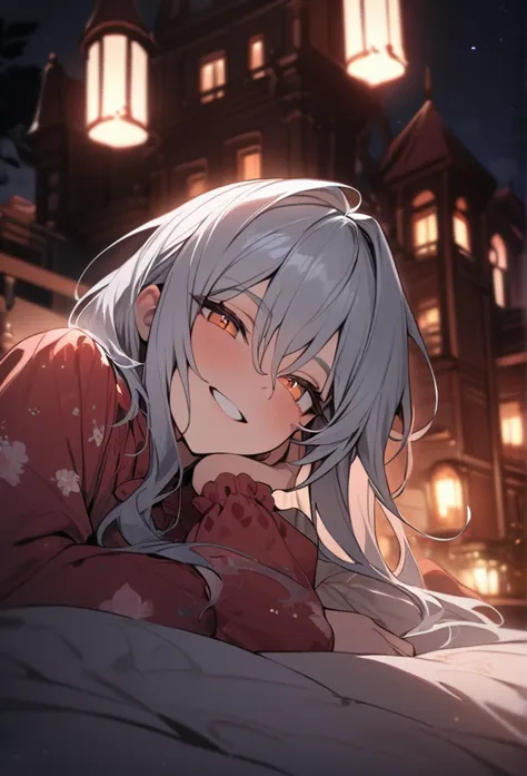 Best quality masterpiece, Victorian Boy, silver-haired, amber eyes, Victorian Mansion at Night, Lying on the Bed in Pajamas, looking at the spectator, Grinning.