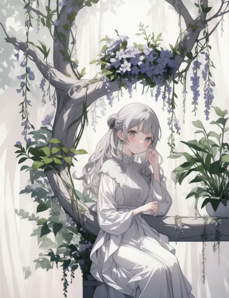 natural lighting, gentle smile, upturned cheeks, slightly shining silver gray hair, coquettish hair, half up do, silky luster, plants, flowers, spring ephemerals, 