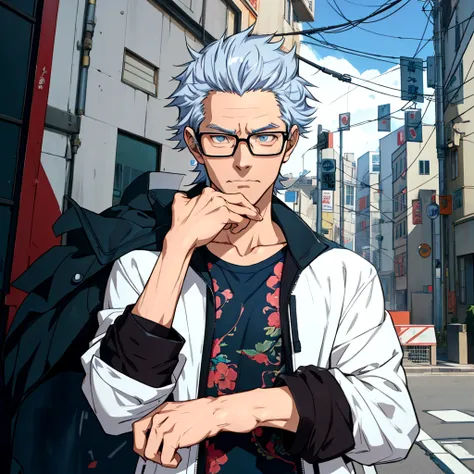 50th generation、anime character wearing glasses and a jacket in the city, realistic anime 3d style, elderly anime guy, anime sty...