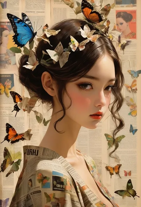 side view girl, solitary, wearing a magazine cover dress, delicate facial features and long eyelashes, a butterfly landed on her...