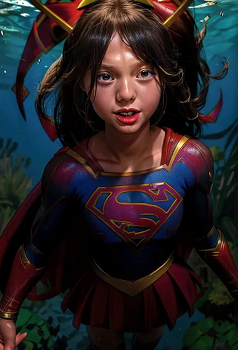 (9-year-old, torn uniform supergirl:1.3)、swimming underwater