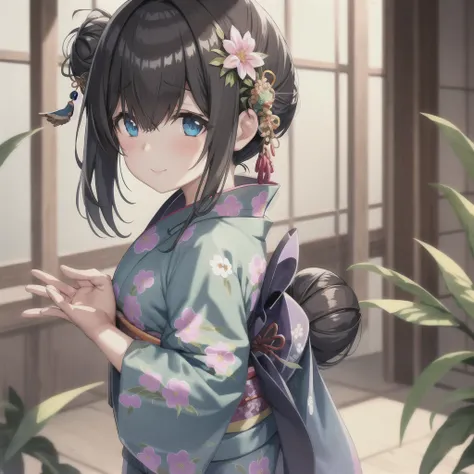 sagisawa fumika, mekakure,
black_hair, blue_eyes, (large breasts:0.5),  alternate_hairstyle, bamboo, bangs, blue_kimono, blurry, blurry_background, blurry_foreground, blush, bokeh, closed_mouth, depth_of_field, double_bun, eyebrows_visible_through_hair, fl...