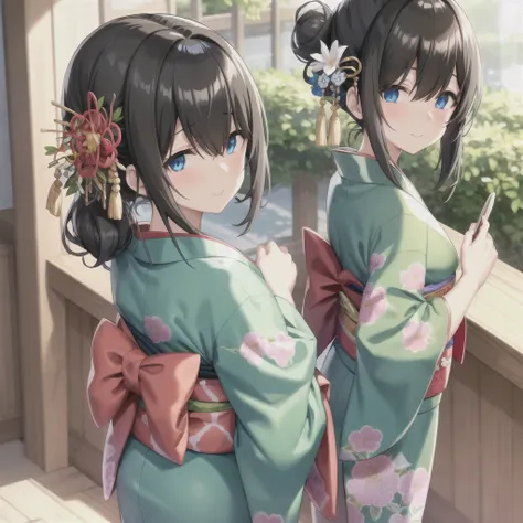 sagisawa fumika, mekakure,
black_hair, blue_eyes, (large breasts:0.5),  alternate_hairstyle, bamboo, bangs, blue_kimono, blurry,...