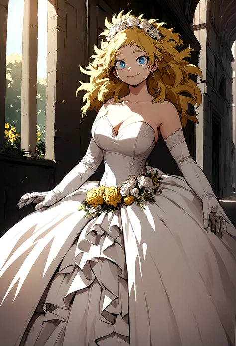 My hero academia, Girl with yellow long messy hair and blue eyes, a smile on her face with a full figure, wedding dress