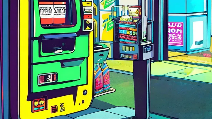 lo-fi style anime illustration, best qualityer, work of art, ultra high resolution, aesthetic lofi illustration of a street soda machine from japan