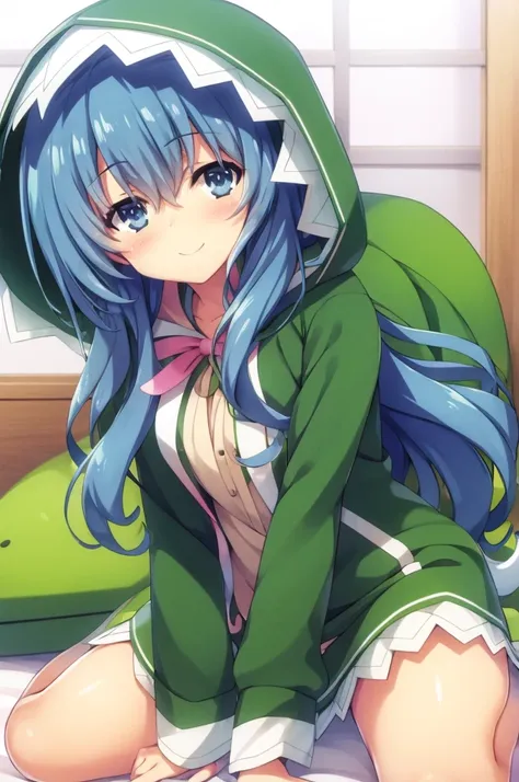 yoshino himekawa,lying down,view your viewers,blushing,smile,green hood, rabbit hood,bed,white background