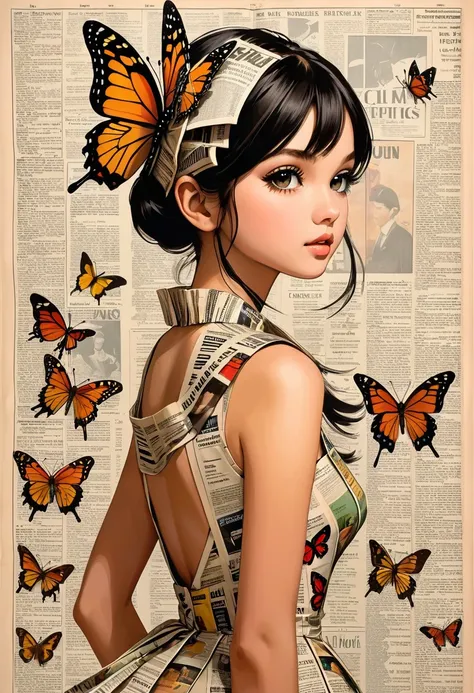 side view girl, solitary, wearing a magazine cover dress, delicate facial features and long eyelashes, a butterfly landed on her...