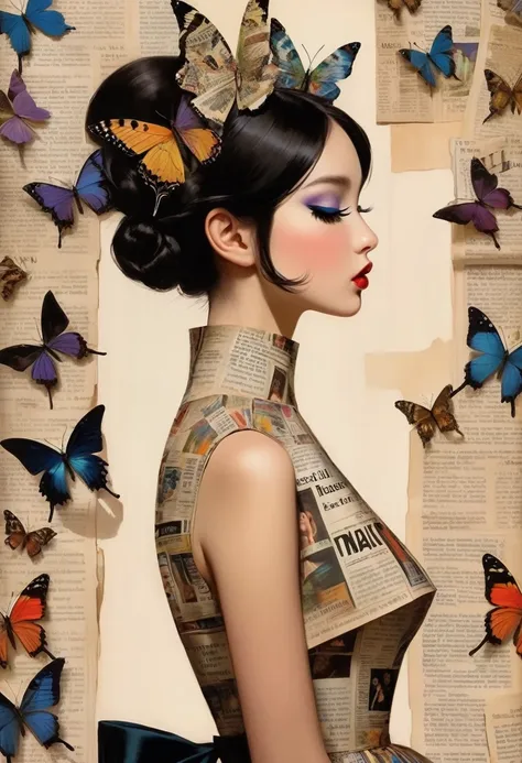 side view girl, solitary, wearing a magazine cover dress, delicate facial features and long eyelashes, a butterfly landed on her...