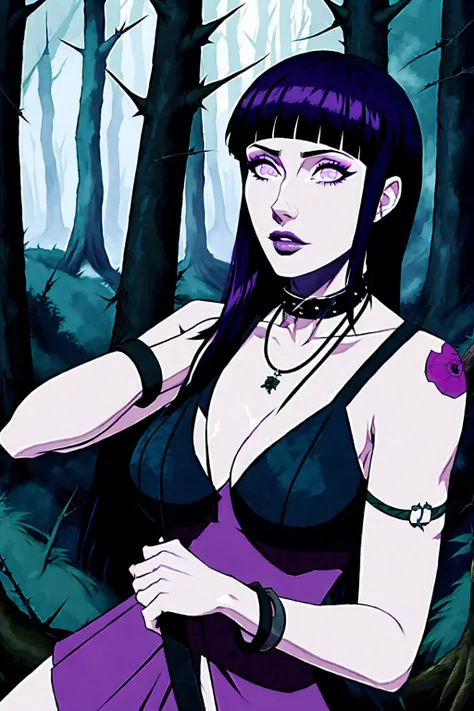 hyuuga hinata, cabelo roxo, pale skin, punk rock clothes, collar of thorns around the neck, thorn bracelets on wrists, in the mi...